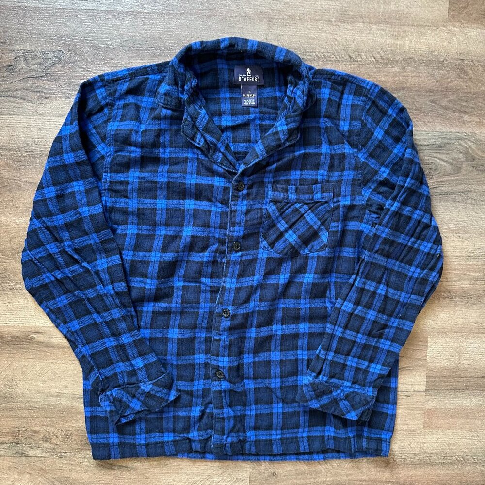 Stafford Sleepwear Medium Blue Plaid Flannel Button Down Night Shirt